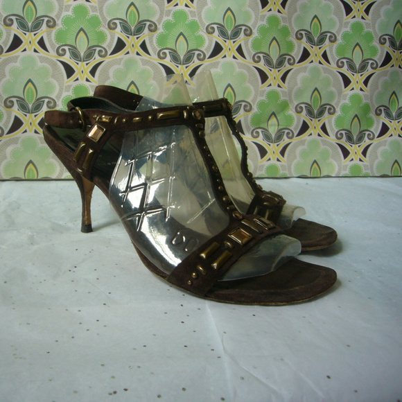 Miu Miu Y2K Chocolate Brown Suede Jeweled T strap Sandal  Square toe - Size 40 - Picture 1 of 8